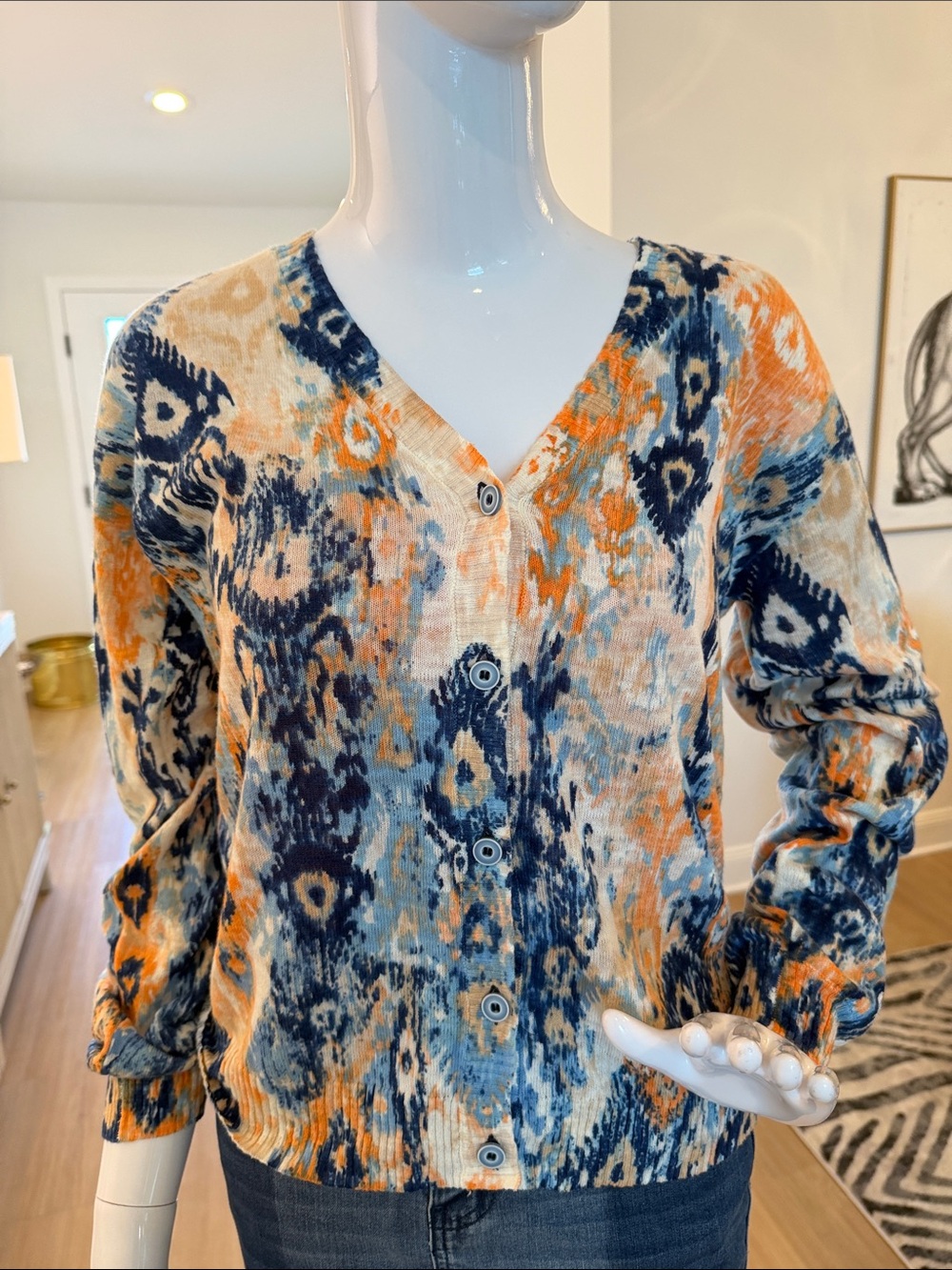 Women's Blue & Orange Patterned Button Cardigan